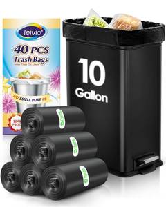 lot 16222 image: 10 Gallon 40 Counts Tall Kitchen Black Trash Bags Garbage Bags by Teivio, Bathroom Trash Can Bin Liners, Plastic Bags for home office kitchen, Black