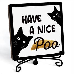 lot 16241 image: Funny Poop Signs - Wooden Cat Plaque With Stand, Decor For Bathroom Shelves, Art Sign