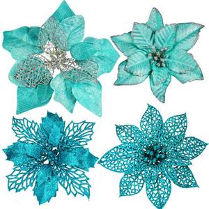 lot 17134 image: Winlyn 24 Pcs 4 Styles Christmas Teal Blue Metallic Mesh Glitter Artificial Poinsettia Flower Stems Tree Ornaments in Box for Teal Blue Christmas Tree Wreaths Garland Winter Wedding Holiday Decoration