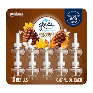 lot 17140 image: Glade PlugIns Refills Air Freshener, Scented and Essential Oils for Home and Bathroom, Cashmere Woods, 6.7 Fl Oz, 10 Count (Packaging May Vary)