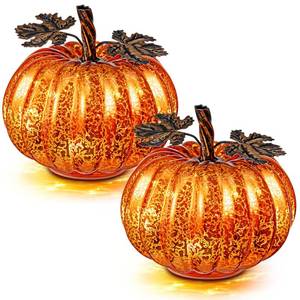 lot 17145 image: Glooglitter 2 Pcs Fall Thanksgiving Glass Pumpkin Halloween Light up Lit Mercury Glass Pumpkins Light with Timer LED Battery Operated for Home Table Decor Centerpieces Kitchen