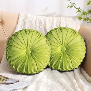 lot 17152 image: HIG Set of 2 Decorative Round Pleated Throw Pillows,Classy Accent Pumpkin Throw Pillows with Center Button,Vintage Velvet Floor Pillows for Sofa Vanity Chair Bed,Apple Green,14.5 Diameter(Ripple)in