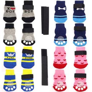 lot 17156 image: 4 Pairs Anti-Slip Dog Socks and Cat Socks with Rubber Reinforcement and 8 Small Straps, Indoor Wear Pet Paw Protector for Hardwood Floors Cat Dogs. Style 3 (S)