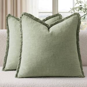lot 17162 image: EMEMA Linen Fringe Throw Pillow Covers Set of 2 Boho Farmhouse Accent Decorative Pillowcase with Tassels for Couch Sofa Bed Living Room Home Decor 18x18 Inch,Sage Green