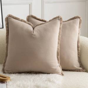 lot 17168 image: MANDIOO Set of 2 Neutral Cotton Fringe Throw Pillow Covers Decorative Boho Farmhouse Cushion Covers Cozy Tassels Pillowcase for Couch Sofa Bedroom Living Room Home Decor 20x20 Inch Taupe