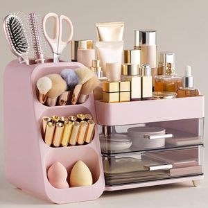 lot 17182 image: HBlife Makeup Organizer with Brush Holder for Vanity, Large Plastic Bathroom Countertop Organizer Skin Care Storage, Easy to Store Lipsticks, Nail Polishes, Perfumes, Eyeshadow Palettes, Pink