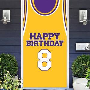 lot 18073 image: Happy Birthday 8 Banner Backdrop Purple Gold Basketball Star Player Sports Theme Decorations Decor for Boys Men 8th Birthday Party Supplies Baby Shower Photo Booth Props Favors Background Flag