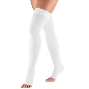 lot 18078 image: Truform 20-30 mmHg Compression Stockings for Men and Women, Thigh High Length, Dot-Top, Open Toe, White, X-Large