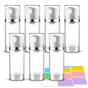 lot 18087 image: Decorniqu 7 Pack Airless Pump Bottles 3.4oz100ml Lotion Dispenser Travel Pump Bottles for Toiletries Airless Cosmetic Pump Container Airless Pump Jar for Toiletries Shampoo Cream with Labels(Clear)