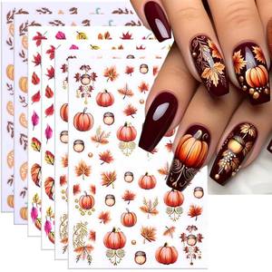 lot 18122 image: 6PCS Fall Nail Art Sticker Autumn Leaves Pumpkin Nail Decals 3D Self-Adhesive Thanksgiving Gold Yellow Maple Leaf Nail Design Nail Art Supplies for Women Holiday DIY Manicure Decoration Accessories