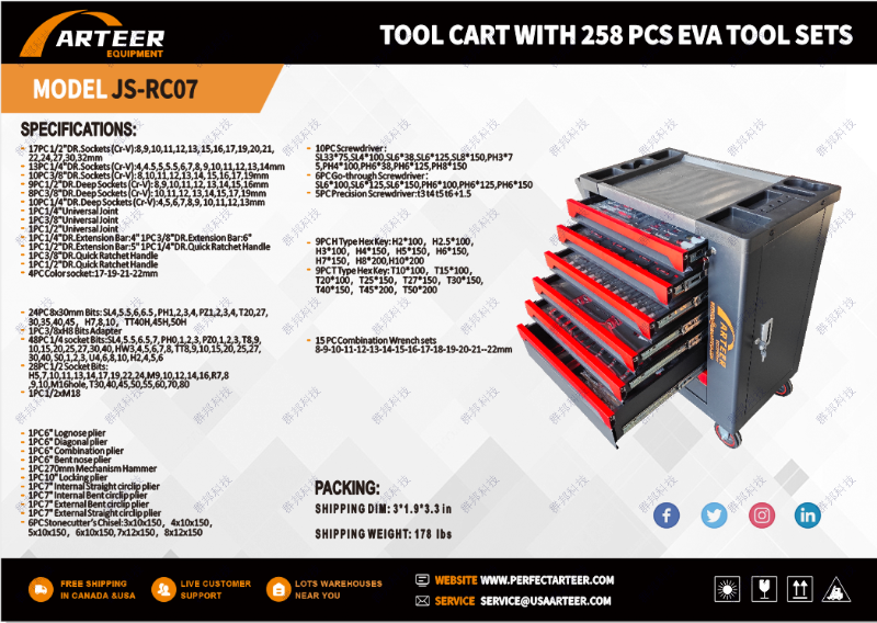 lot 8620 image: Unused Arteer 258-Piece Tool Cart Set JS-RC07
