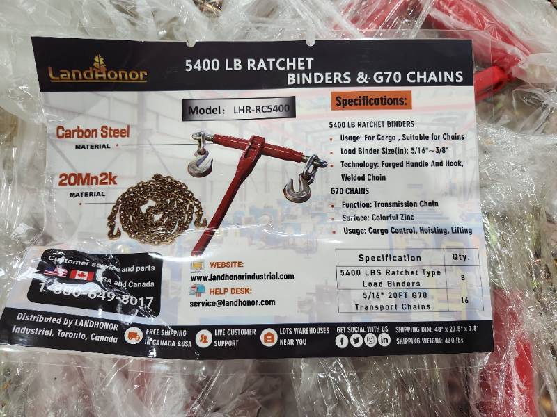 lot 2972A image: Unused LandHonor 5400lb Ratchet Load Binders with G70&nbsp Chains  LHR-RC5400