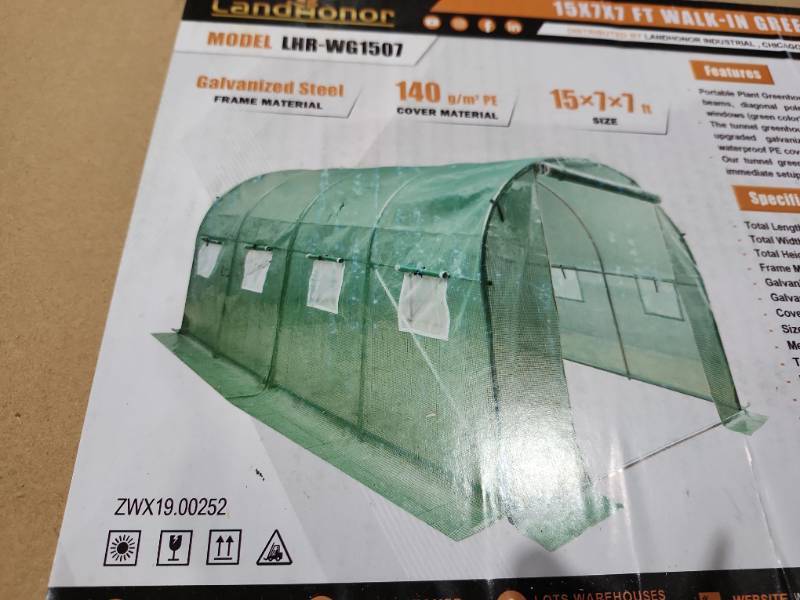 lot 2977 image: Unused Landhonor 15x7x7 ft Walk-in Greenhouse with Galvanized Steel Frame  LHR-WG1507