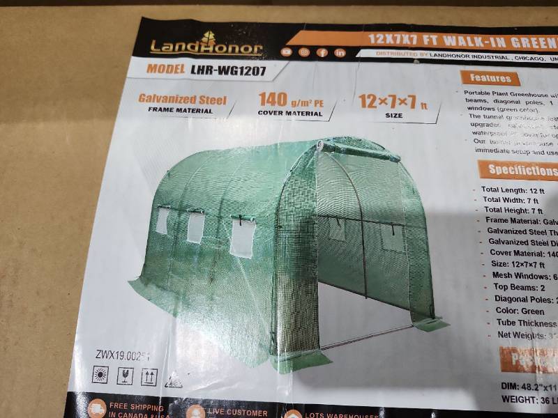 lot 2978 image: Unused LandHonor Walk-in Greenhouse 12x7x7ft  LHR-WG1207