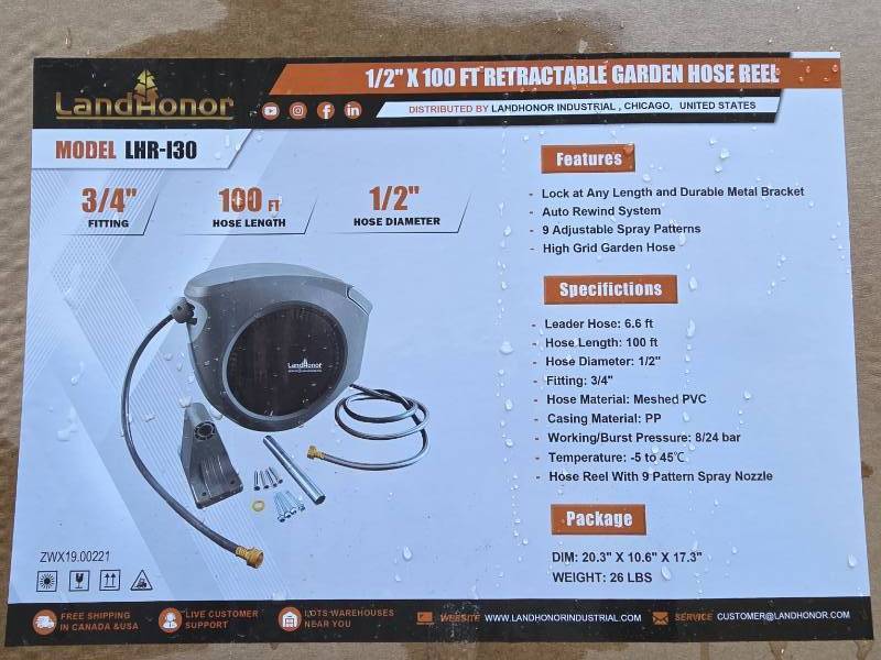lot 2804 image: Landhonor 12 inch x 100ft Retractable Garden Hose Reel
