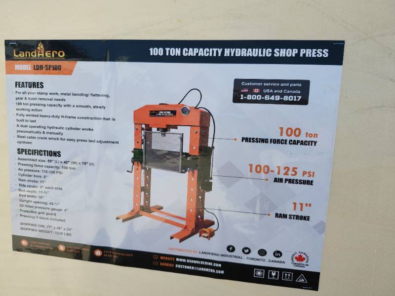 lot 2351 image: Unused LandHero 100-Ton Hydraulic Shop Press - Model LDH-SP100