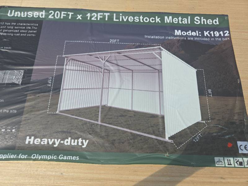 lot 8121 image: Unused KJ 20x12ft Heavy-Duty Livestock Metal Shed  Model K1912
