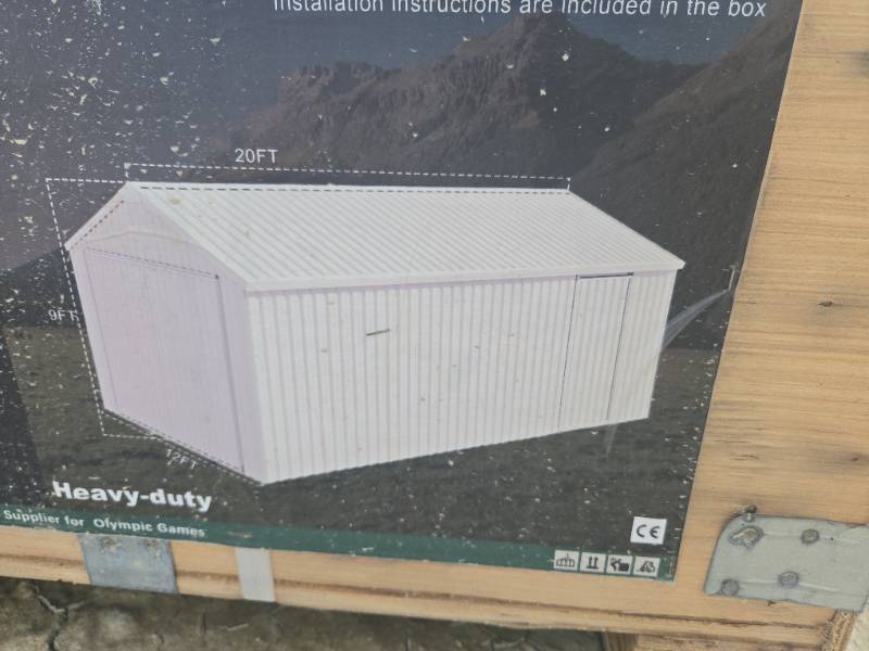 lot 8132 image: Unused KJ Heavy-Duty Single Garage Metal Shed  Model K1220 (12x20ft)