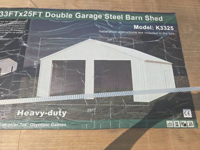 lot 8123 image: Unused KJ 33x25ft Double Garage Steel Barn Shed  Model K3325