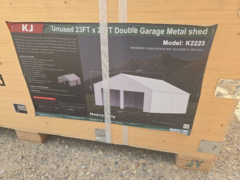 lot 8138 image: Unused KJ 23x22ft Double Garage Metal Shed - Model K2223