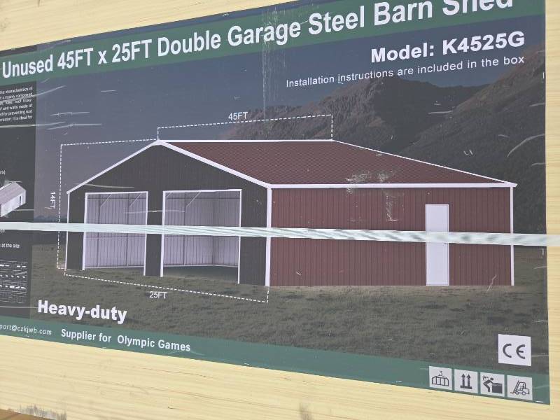 lot 9021 image: Unused 45x25ft Double Garage Steel Barn Shed - Model K4525G