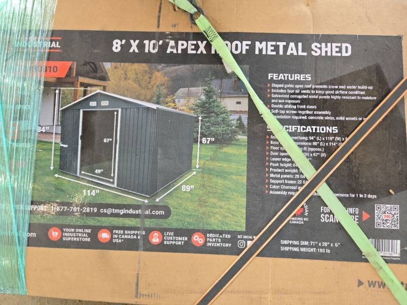 lot 99 image: TMG Metal Shed Apex 8 x 10 (Unused but some parts missing)