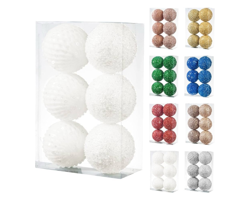 lot 47 image: White textured Glitter Christmas Ball Ornaments - Set of 6