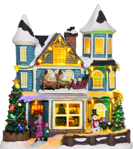 lot 354204 image: LED Lighted Musical Animated Blue Victorian Village House - 11.8 Large Christmas Collectible Building with Running Reindeer, Xmas Decoration for Tabletop or Mantel Display - Retail $49