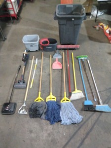 lot 3544122 image: Large Commercial Janitor Lot-1 Rolling 55Gal Trash Can -4 Standard Brooms-1 Push Broom-4 Mops-2 dustpans-1 careless vacuum-1 Silent Hoover Sweepers-2 Commercial Rolling MopBucket-1 Standard Cedar Spin Mop Buckets