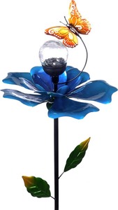 lot 3544139 image: Solar Exalted Blue Flower Garden Stake with Crackle globe Solar Butterfly - Retail $89