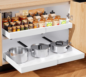 lot 3544182 image: 1 Pack 21 Deep Pull Out Cabinets Drawers Organizer for Kitchen, Expandable Slide Out with Adhesive, Adjustable Roll Out Cabinet Shelf for Pantry Pots Pans (White, 21 D x 12.6 W x 2.76 H) - Retail $29