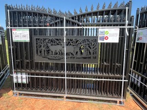 lot 1395D image: Unused Set of 10 foot Iron Bi Parting Gates  Deer Motif with Heavy Duty Hinges.  Left and Right Panel in this lot