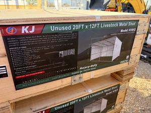 lot 1220D image: Unused K1912 12x20 Livestock Loafing Shed in Cream Color, 11 foot tall in front.