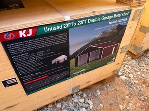 lot 1155D image: Unused K2223 22 x 23 Double Garage Metal Building  Red-Brown in color, 26 gauge sheet metal, No Garage Doors, Includes 1 walk through door. 13 ft height