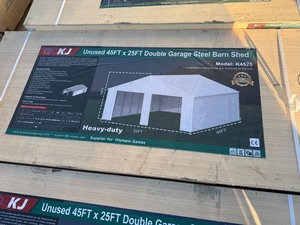 lot 1409D image: Unused K4525G 45 x 25 Double Garage Metal Building  Cream in color, 26 gauge sheet metal, No Garage Doors, Includes 1 walk through door. 14 ft height