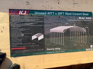lot 1451D image: Unused K4020 40x20 Steel Carport in Cream Color, Exposed side wall, 13 foot Peak Height