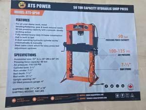 lot 2168 image: ATS Power 50 Ton Hydraulic Shop Press Model SP50