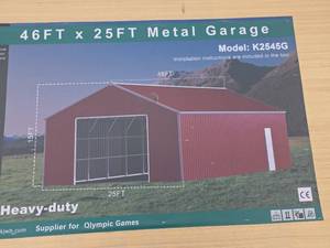 lot 1778 image: 46x25ft Heavy-Duty Metal Garage Kit - Model K2545G