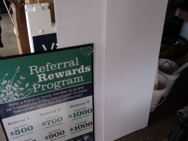 lot 1950 image: (3) ct. mixed lot signs, (1) plexi-glass frame 36 x 24 (2) pieces 47 x 19 Foam Board