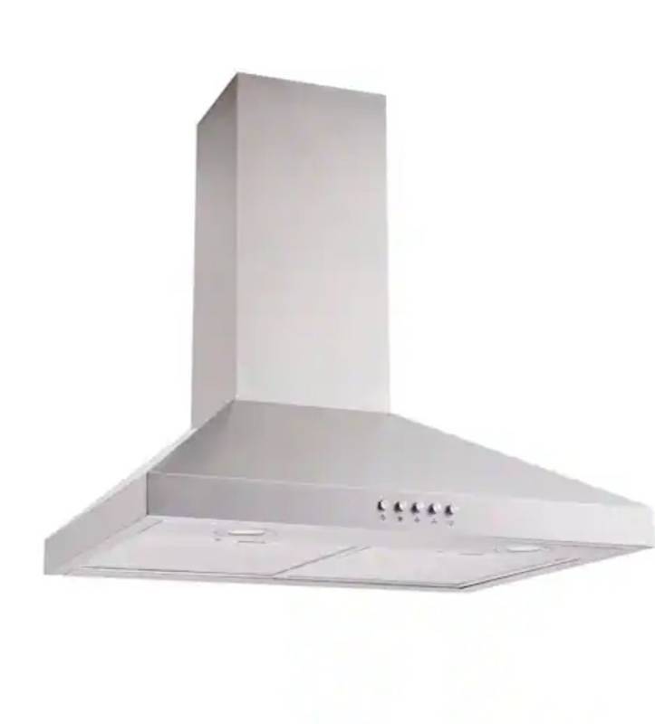 lot 5985 image: Siena 30 in. 350CFM Convertible Pyramid Wall Mount Range Hood in Stainless Steel with Charcoal Filter and LED Lighting (See Pics)- Retail $299