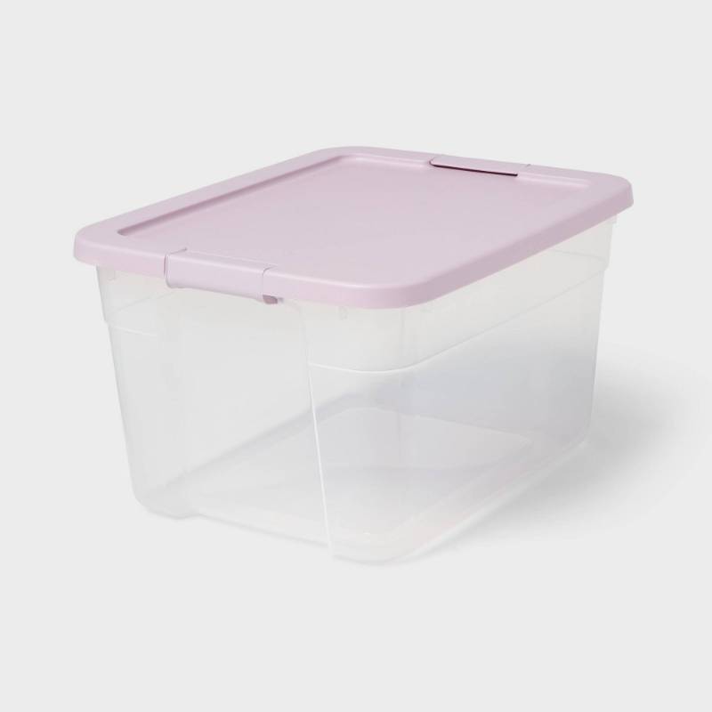 lot 11192 image: Pack of 13 ,66qt Clear Latching Storage Box Lavender Splash - Brightroom (Missing Lids) - Retail $117