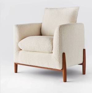 lot 6974 image: Elroy Accent Chair with Wooden Legs Cream Faux Shearling - Threshold Designed with Studio McGee Plywood Frame, Transitional Style - Retail $450