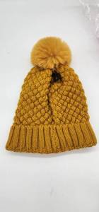 lot 66945 image: Mustard Yellow Knit Beanie with Fur Pom Pom Adult Size  - Retail $15