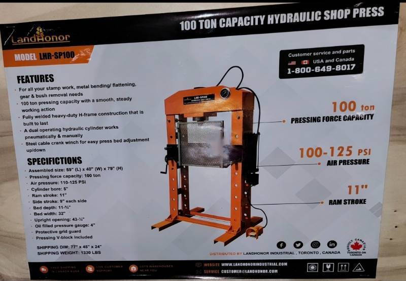 lot 3109 image: UNUSED LandHonor LHR-SP100 100-Ton Hydraulic Shop Press - Heavy Duty Pressing Flexible DualMode Operation Supports Both Pneumatic and Manual Operation Modes