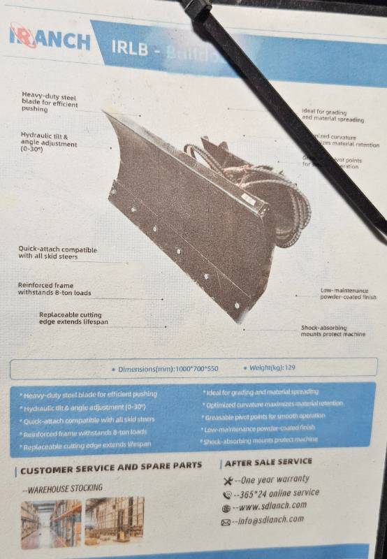 lot 5247 image: Unused 2025 IRLB Bulldozer Attachment for Mini Skid Steer - Hydraulic Tilt & Angle 0-30 degrees - 8-Ton Frame & Heavy-Duty Steel Blade for Efficient Pushing - Quick Attach Compatible 39.5in x 27.5in x 21.5in 285lbs