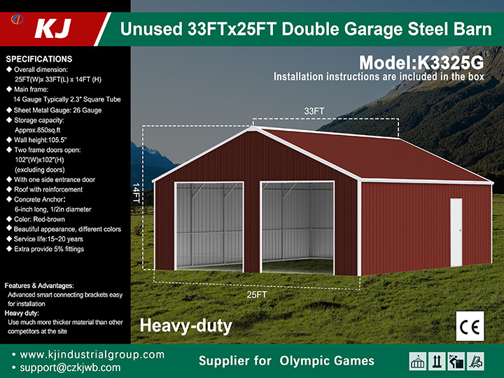 lot 1055 image: Unused KJ 33ft X 25ft Double Garage Steel Barn w Side Walk Through Door - K3325G - Red Brown - Shipped in Two Crates A&B - 3K lbs