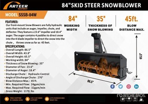 lot 4075 image: Unused ARTEER SSSB-84W 84in Skid Steer Snowblower - 45ft Blow Distance