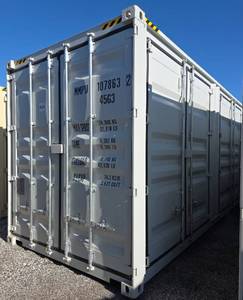 lot 1046 image: One Way Use - 40 Long High Cube Container with Double Rear & Four (4) Side Double Doors - Used One Time To Ship To Mother Road Auctions & Sales -Weather, Rodent & FireproofDelivery Available