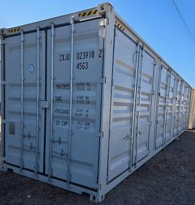 lot 9002 image: One Way Use - 40 Long High Cube Container with Double Rear & Four (4) Side Double Doors - Used One Time To Ship To Mother Road Auctions & Sales -Weather, Rodent & FireproofDelivery Available