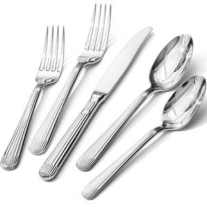 lot 1520 image: KINGSTONE 60-Piece Silverware Set, 1810 Stainless Steel Flatware Set - Luxury Elegant Striped Cutlery with Dishwasher Safe, Durable for Family Dining, Catering, Weddings, Anniversaries Gift